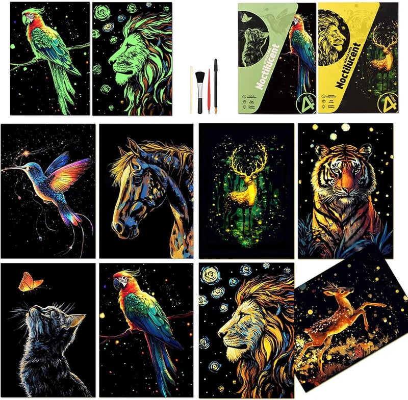 BulChign Scratchboard Art for Adult Luminous Scratch Painting Kits, A5 Scratch Art Rainbow Painting Paper 8 Sheet with 4 Tools, Scratchboard for Teens & Adults, Fun Creative Craft Toy/Gifts/Decor, Animals - Image 1